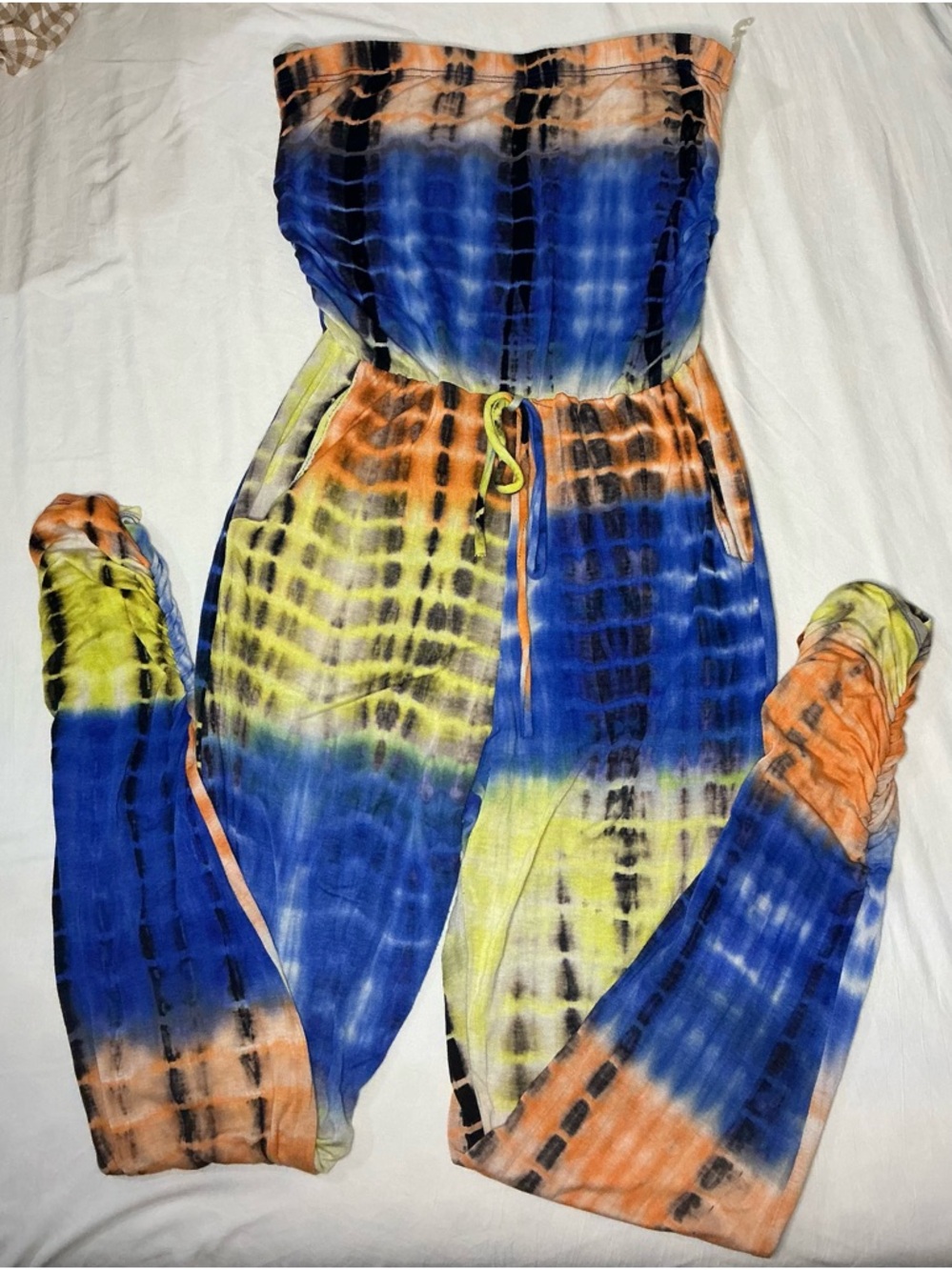 SHEIN Blue, Orange & Yellow Tie-Dye Strapless Kids One-Piece